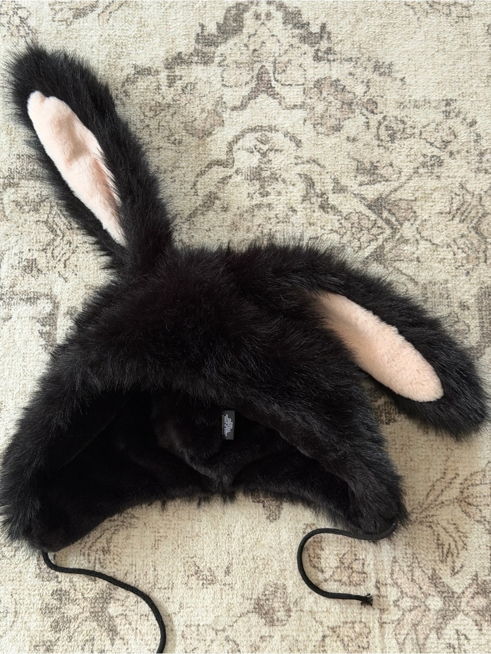 Women’s Black Faux Fur Bunny Ear Hat with Pink Inner Ears NWT